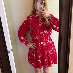 Maison Jules Red Floral Long Sleeve Dress